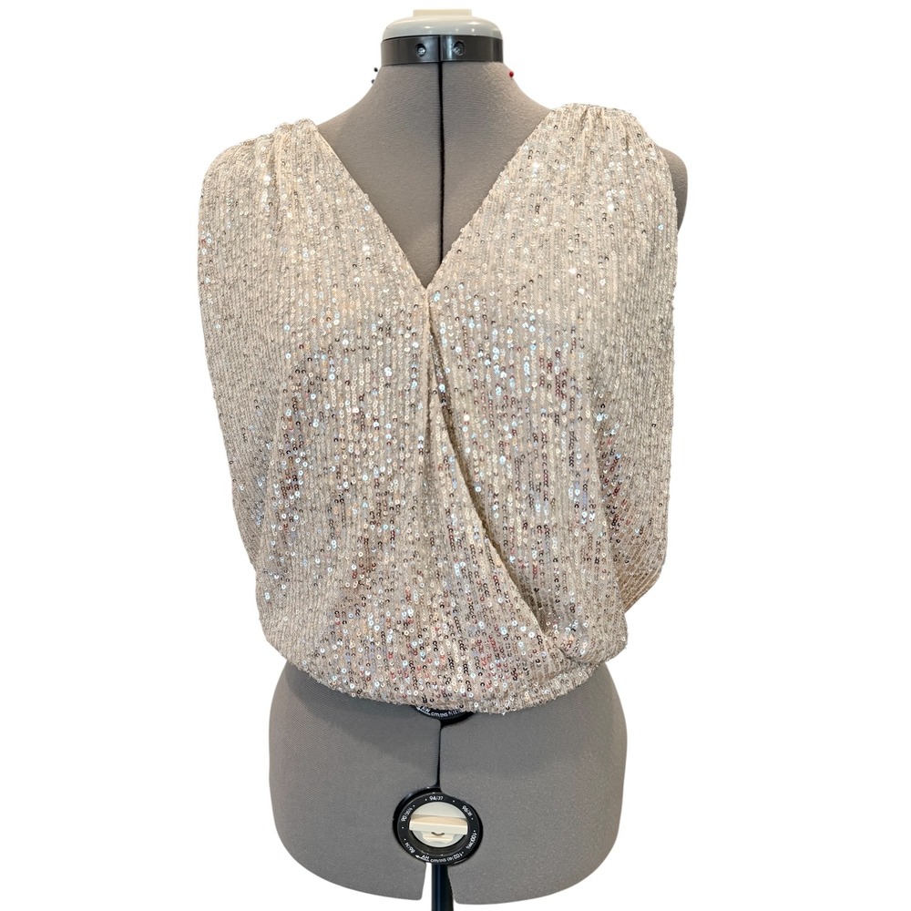She + Sky Womens Silver Sequin Open Back V-Neck Top Cocktail Festive Party Small